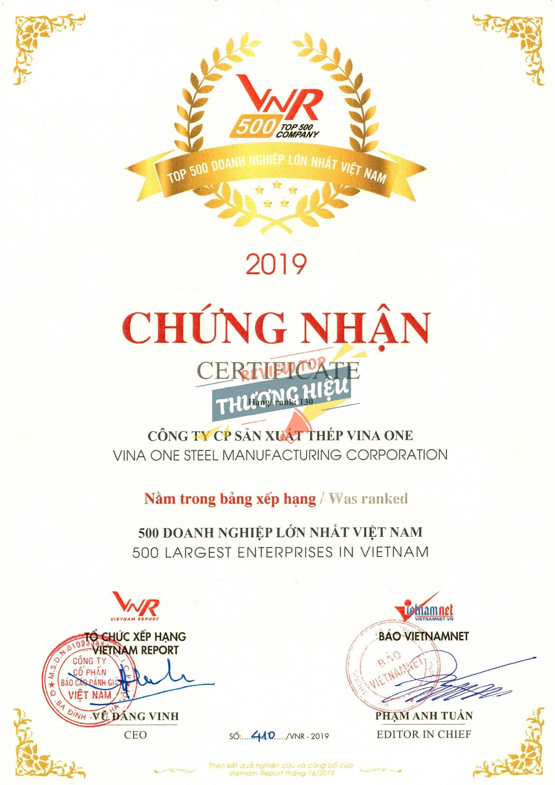 Thép Vina One đã đạt được những chứng nhận chất lượng và giải thưởng uy tín nào?